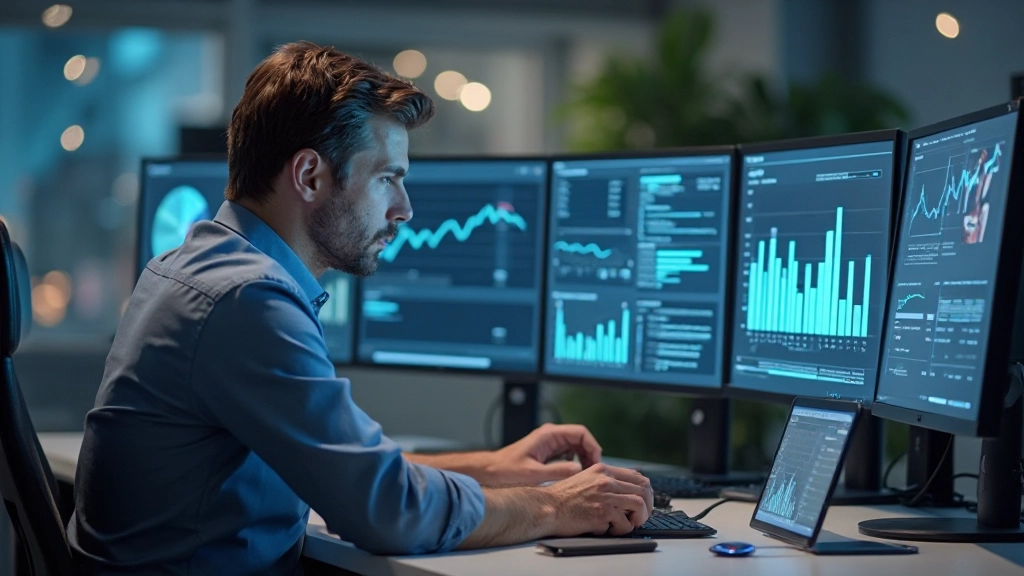 Analytik dát skúmajúci webové analýzy a metriky konverzií na viacerých monitoroch