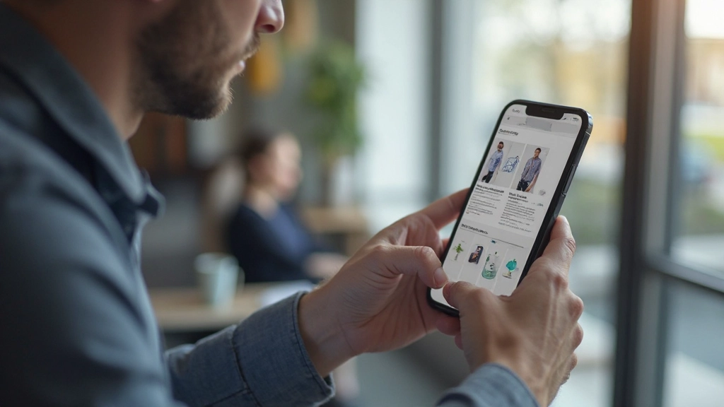 Moderný mobilný telefón zobrazujúci responzívnu e-commerce webovú stránku s katalógom produktov a rozhrania nákupov